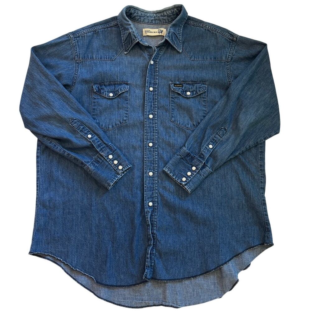 Vintage Roebucks Western Shirt Mens 2XL Blue Denim Pearl Snap Long Sleeve Cowboy